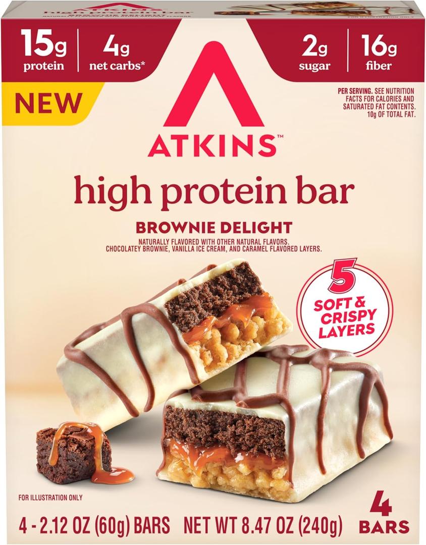 Atkins High Protein Bar, Brownie Delight, 4 Bars, 2.12 oz (60 g) Each, BBD: 10/14/2026