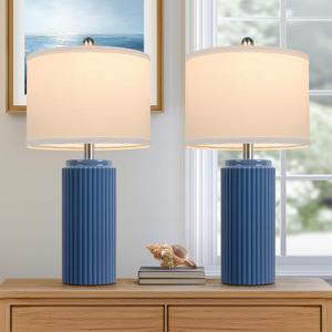 TOBUSA 23.5 Blue Table Lamps for Bedroom Set of 2, Modern Farmhouse Ceramic Bedside Nightstand Lamps for Living Room, Decorative Boho Ceramic Lamps Set for Home Office End Table Console, White Shade