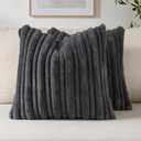 FUTEI Pack of 2 Faux Rabbit Fur Throw Pillow Covers 18x18 Inch Soft Fluffy Thick & Thin Striped Textured Decorative Cushion Case Modern Farmhouse Accent for Couch Bed Living Room, Charcoal