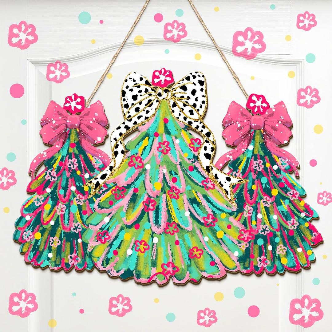 3 x Thyle Christmas Door Sign Pink Christmas Tree Welcome Wreath Sign Decorations with Bows Wall Decor Wooden Front Door Hanger Xmas Decorations Indoor for Farmhouse Home Outdoor Porch Window Decor
