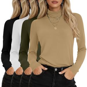 4 Pack Women's Turtleneck Cotton Long Sleeve Tops Casual Loose Fit Shirts Basic Tunic Trendy Undershirt Tee (Size XL, Black, White, Khaki, Army Green)