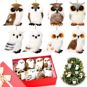 HyDren 8 Sets Christmas Owl Box Owl Ornaments Gift Mini Fur Stocking Stuffers Woodland Animals with Bases Hanging Furry Gift Pet for Christmas Tree Decoration Operation Xmas Toys Lover Gifts (3.15 Inches)