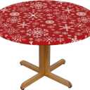 Christmas Winter Snowflakes Tablecloth with Elastic Edge, Round Table Cover Washable Reusable Xmas Red Table Cloths for Kitchen Dining Party, Medium (Fits 45-50 in)