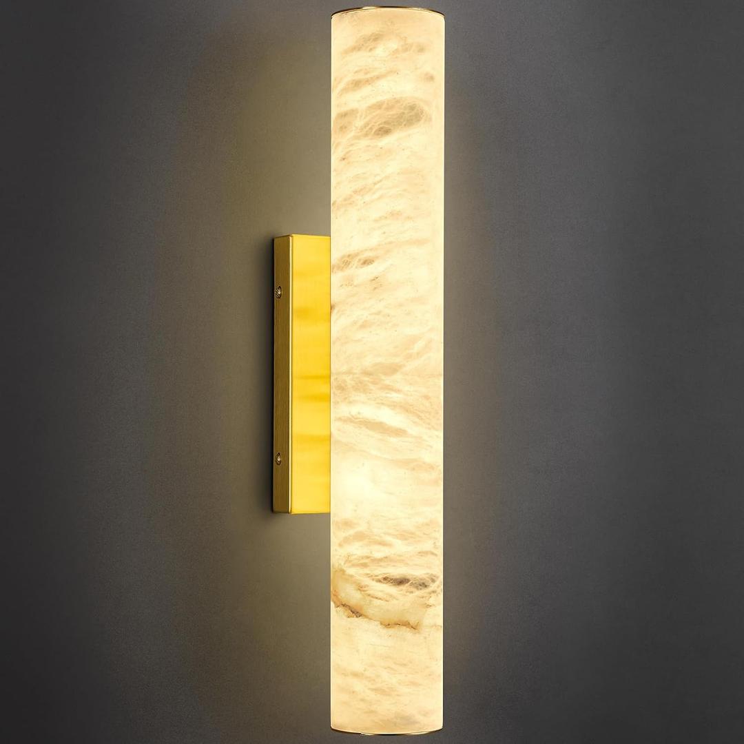 LMQNINE 20" Natural Alabaster Wall Sconces Spanish Marble Wall Light Cylinder Modern Gold LED Sconce for Living Room Bedroom Bathroom Stairs,1-Pack
