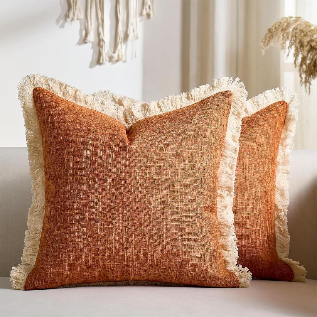 Decorative Faux Linen Couch Pillow Covers 18x18 Inch Fall Burnt Orange Boho Farmhouse Throw Pillow Cases with Tassels Woven Textured Cushion Covers for Sofa Bed Living Room Home Decor Set of 2