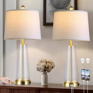 26" Glass Table Lamp Set of 2 with USB C+A Ports and AC Outlet, 3 Way Touch Modern Bedside Lamps for Night Stands, Gold Nightstand Lamps for Bedroom Living Room