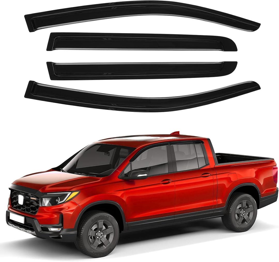 Canvcle Ridgeline Rain Guards - Window Visors for Honda Ridgeline 2017-2025 2026, Outside-Mount Tape-On Side Window Wind Deflectors for Ridgeline Accessories, Vent Visors Shades Rainproof Black 4PCS