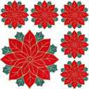 Christmas Placemats Set of 6 Indoor Embroidered Red Round Poinsettia Flower Placemats for Table Decorations Home Winter Holiday Party Kitchen Dinning (Poinsettia Placemats 6)