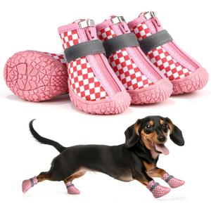 Small Dog Shoes, Waterproof Puppy Boots & Paw Protectors for Winter Snow, Summer Hot Pavement, Dog Booties with Anti-Slip Rubber Soles for Hardwood Floors Red & White Size 5