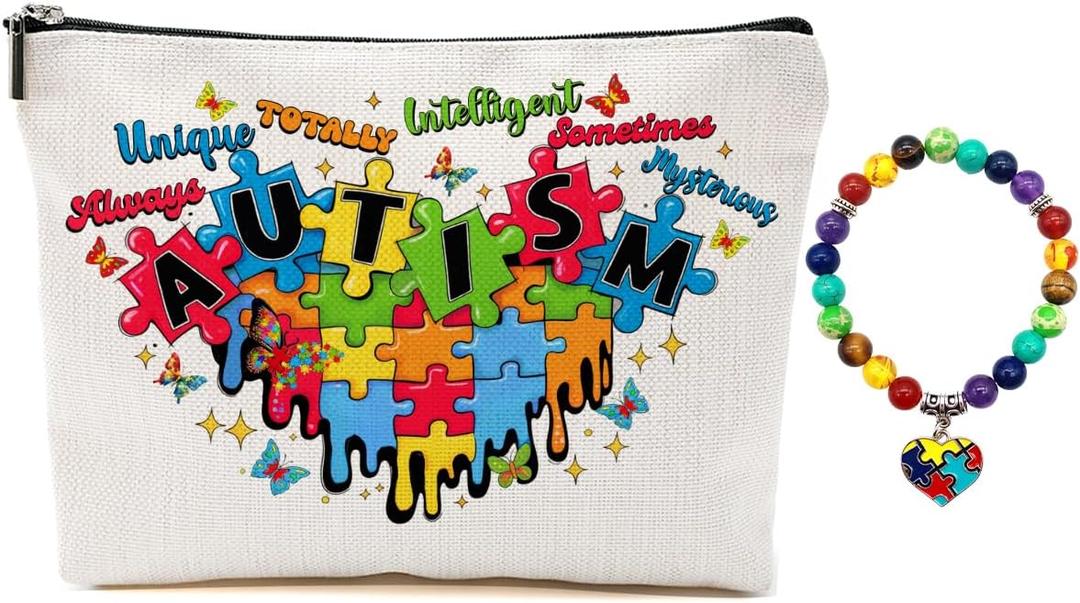 Autism Puzzle Words Makeup Bag for Women Teacher Mom, Large Capacity Makeup Pouch Travel Organizer Toiletry Cosmetic Bag, Autistic Puzzle Elastic Natural Stone Beaded Bracelet, Gifts for Women (Multicolor 1192)