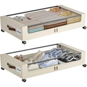 Under Bed Storage with Wheels,XXL 60L Under Bed Storage Containers with Clear Lids, Rolling Under Bed Metal Drawer for Clothes, Shoes,Toys (White, 2 Pack)