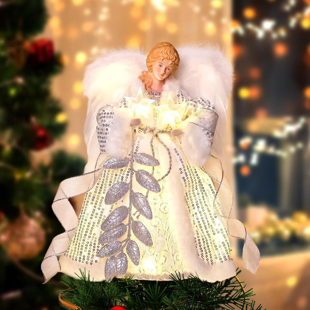 Christmas Angel Tree Topper with Light, Angel Treetop with Timer, Christmas Tree Ornament Decorations for Indoor, Office and Home Holiday Xmas New Year Tree Decoration (Sliver Angel)
