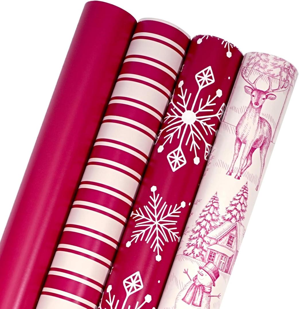 BIOBROWN Christmas Wrapping Paper Rolls - Deer/ Snowflake/ Stripes/ Red Design for Xmas, Winter Party - 30" X 10' Per Roll (4 Rolls: 100 sq. ft. ttl.)