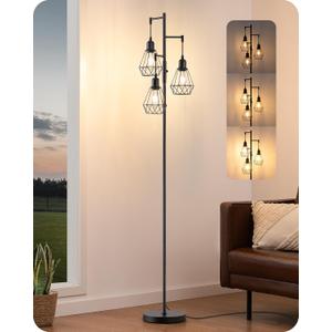 EDISHINE 70IN Farmhouse Floor Lamps for Living Room, Dimmable Industrial Tall Standing Lamps 3 LED Edison Bulbs Included, Diamond-Shaped Cage, Rustic Tree Corner Light for Bedroom, Office, Black