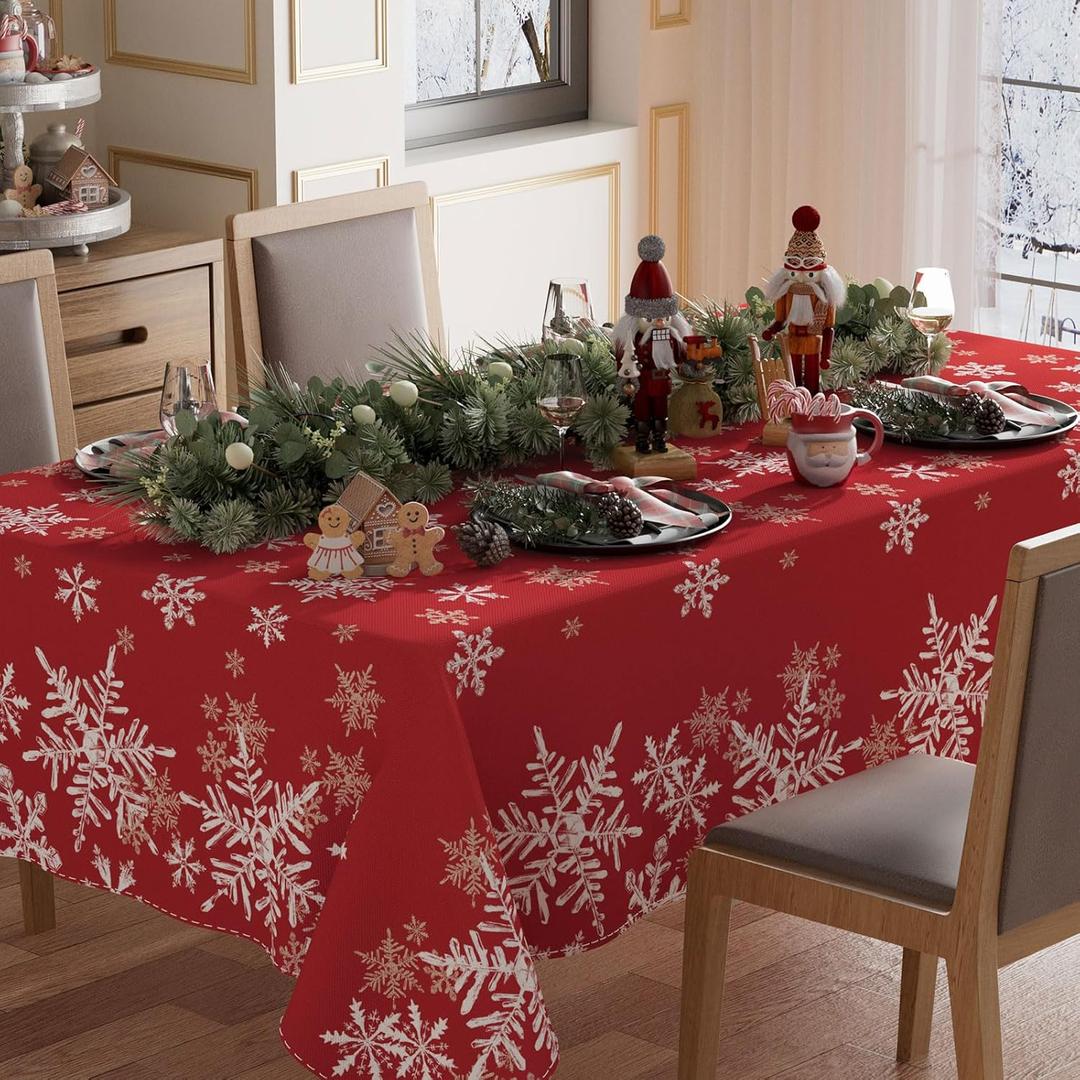 XCHI Winter Red Snowflakes Tablecloth Rectangle Christmas Table Cloth Washable Table Covers for Indoor Dining Home Party Xmas Decorations 52x70 Inch