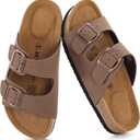 Cork Footbed Sandals Women, Comfortable Beach Double Buckle Slip-On with Genuine Suede Footbed & Memory Foam Arch Support Slides Flats for Women Footwear