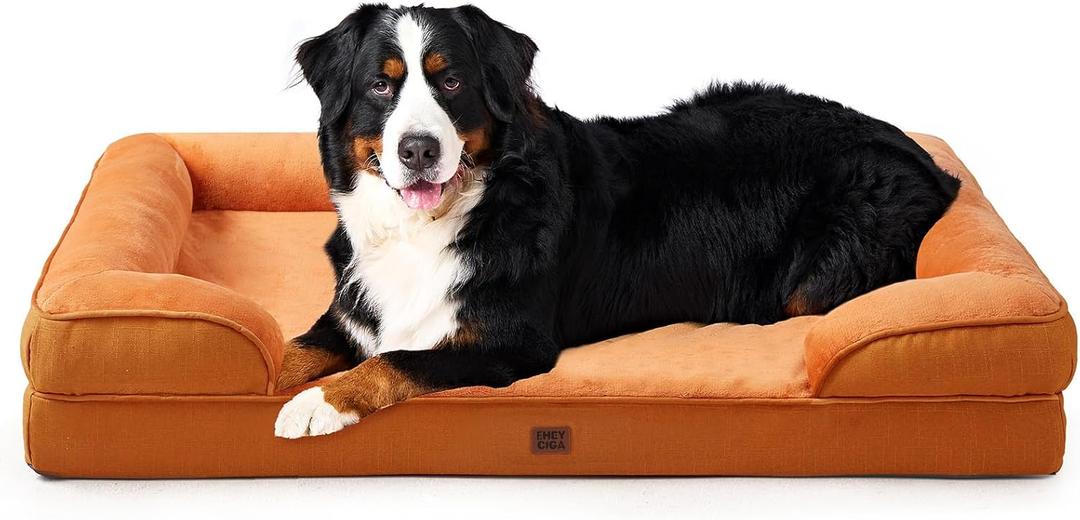 EHEYCIGA Orthopedic Dog Beds for Extra Large Dogs, Waterproof Memory Foam XXL Dog Bed with Sides, Non-Slip Bottom and Egg-Crate Foam Big Pet Couch Bed with Washable Removable Cover,Pumpkin Orange