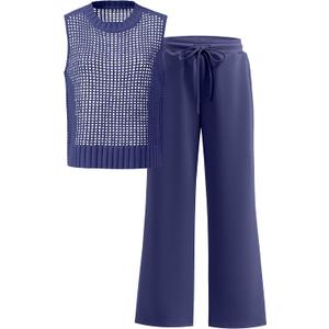 ANRABESS Women 2 Piece Summer Outfits 2025 Crochet Sweater Vest Wide Leg Pants Lounge Matching Sets Travel Vacation Clothes (Large, Navy Blue) ANRABESS Women 2 Piece Summer Outfits 2025 Crochet Sweater Vest Wide Leg Pants Lounge Matching Sets Travel Vacation Clothes (Large, Navy Blue)
