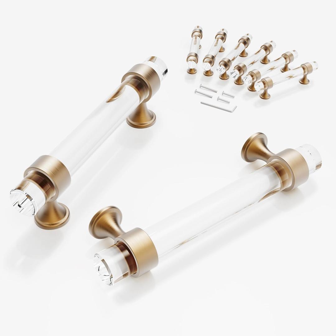 3 3/4 inch Cabinet Handles Kitchen Cabinets Drawer 6 Pack, Champagne Bronze 96 mm Crystal Pulls Solid Base Closet Cupboard Dresser Drawers Hardware Handles Bathroom Bedroom Pull Glass Clear