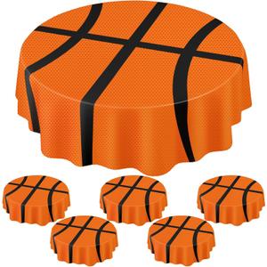 6 Pack Round Basketball Tablecloth 84 Inch Plastic Basketball Party Decorations Disposable Table Cloth Washable Disposable Circle Table Cover for Birthday Party Supplies Decoration