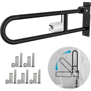 Toilet Grab Bar 30.3 Inch Black, Munzong Anti-Slip Handicap Grab Bars with Paper Holder, Flip-Up Bathroom Safety Rails, Stainless Steel Knurled Support handrails for Seniors Elderly Disabled Pregnant