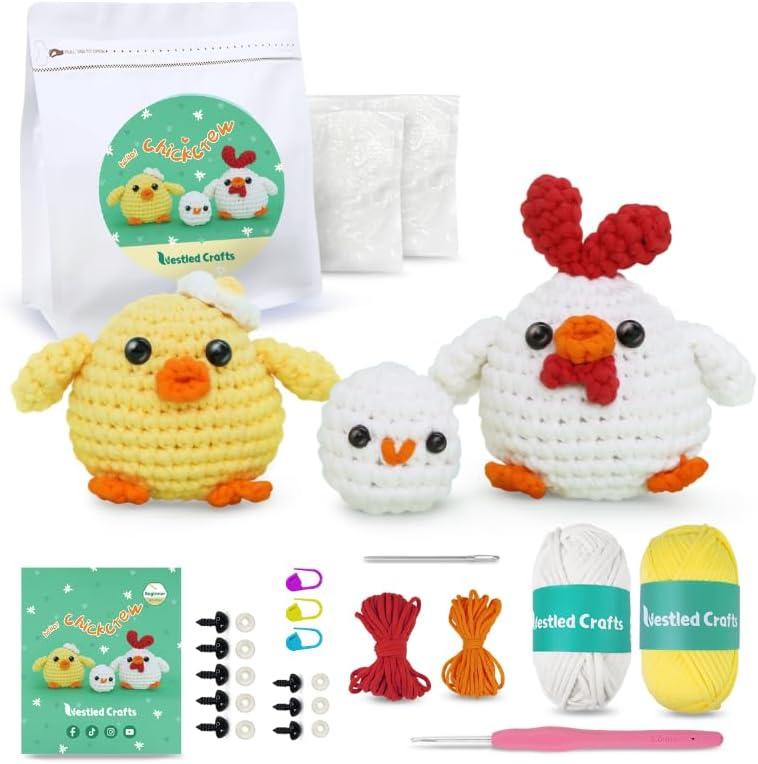 NestledCrafts Beginners Crochet Kit, Amigurumi Crochet Animal Kit, Easy Learn to Crochet with Step-by-Step Video Tutorials, 3PCS The Chick Family for Kids & Adults