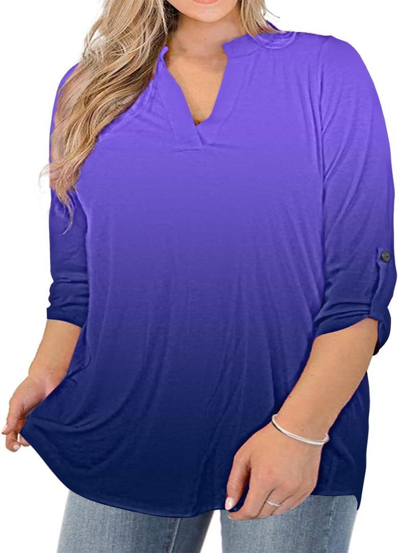 AMCLOS Womens Plus Size Tops V Neck T-Shirts Blouses Casual Soft Flowy Tunic Long Roll Tab Sleeves with Buttons (Purple, XL)