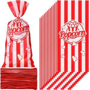 Teling 100 Pcs Popcorn Treat Bags 100 Pcs Popcorn Treat Bags for Party Red White Stripe Cookie Candy Bags with 150 Red Twist Ties for Circus Carnival Birthday Party Favor