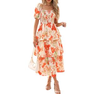 BTFBM Womens Square Neck Smocked Dress Summer Puff Short Sleeve Floral Casual Ruffle Tiered Maxi Wedding Guest Dresses (Medium, Floral Apricot Orange)