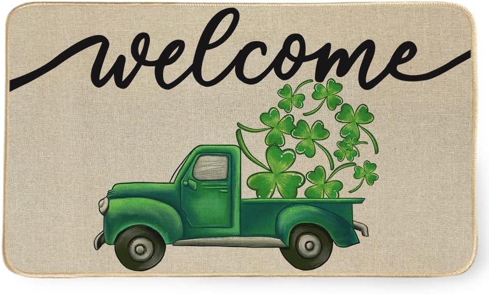 St Patricks Day Welcome Decorative Doormat, Seasonal Rug Spring Green Lucky Shamrock Truck Sign Floor Door Mat Switch Mat for Indoor Outdoor 17 x 29 Inch DM123