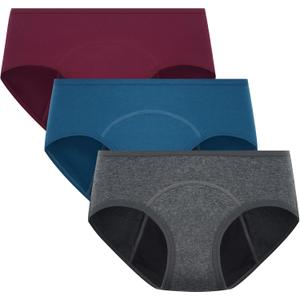 POPKOK Period Underwear Womens Cotton Hipster Postpartum Panties 3 Pack (X-Large, Dark Grey/Dark Blue/Dark Red)