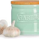 ONEMORE Garlic Keeper for Counter, Garlic Holder Countertop Storage Container, Garlic Saver Keeper with Lid, Ceramic Garlic Jar for Kitchen, Mint Green