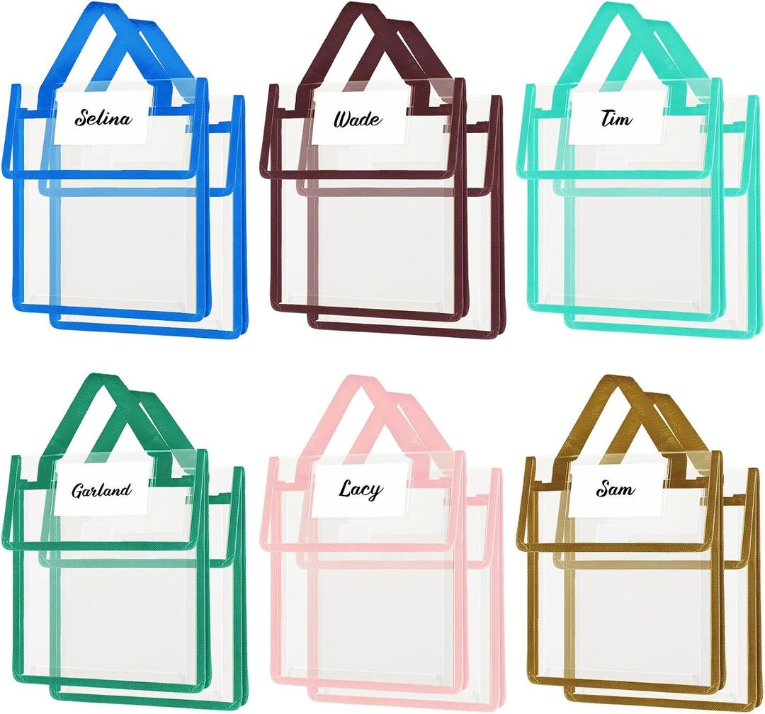 Teling 12 Pack Thick Clear Book Pouches with Blank Name Tags and Handles Book Baggies Bags Bins Organizer for School Classroom Library Pockets Students (10 x 12 Inch,Multi Color)