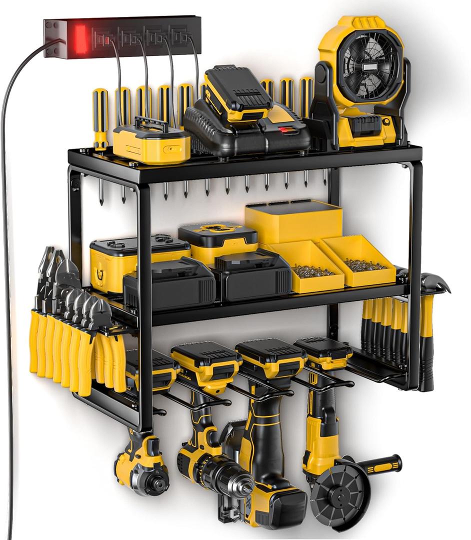 Power Tool Organizer with 4 Cordless Drill Holder Wall Mount, Garage Organization with Charging Station, Heavy Duty Shelving Tool Rack for Tool Battery/Workshop/Pegboard/Shed, Men's Gift