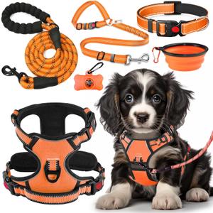 No Pull Dog Harness, Collar & Leash Set | Includes Dog Seat Belt, Collapsible Bowls & Poop Bag Dispenser. Ideal for Training, Walking, Hiking. Fits Small to Large Dogs (Orange-S)