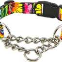 Martingale Dog Collar with Chain Stainless Steel, Nylon Dog Collar Flowers Pattern, Adjustable Training Walking Collar with Quick Release Buckle, Slip Chain Collar for Puppy Medium Large Dogs, lack