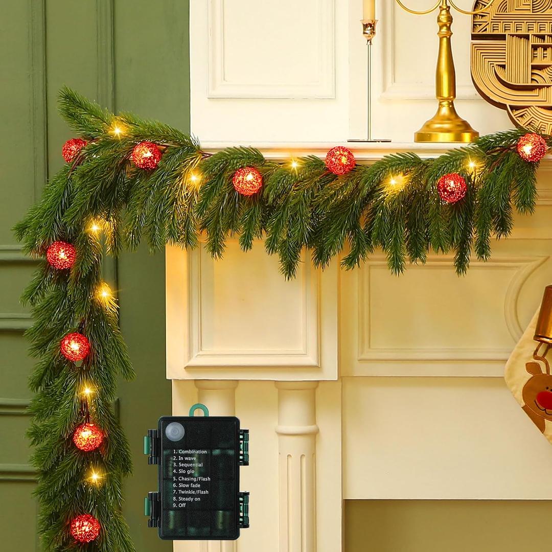 Ceenna 6.2FT Pre Lit Christmas Cedar Garland with Lights Artificial Pine Garland Christmas Decorations with Ball Ornaments,8 Modes Timer Battery Operated for Outdoor Indoor(Red)