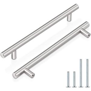 Probrico 12 Pack 7-1/2 Inch Cabinet Handles in Brushed Nickel, Round T Bar Pulls Black Drawer Handles for Kitchen Cupboard, Hardware, 10 Inch Total Length