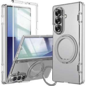 For Samsung Galaxy Z Fold 7 Case with Ring Holder Stand, Z Fold7 Magnetic Case Compatible Magsafe Accessories Screen Protector Hinge Cover Full-Body Slim Phone Case for Z Fold 7 Clear