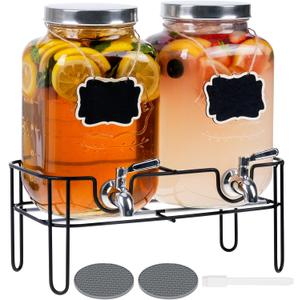 Moretoes Glass Drinks Dispenser for Parties, 2 PACK 1 Gallon Beverage Dispenser with Stand for Juice and Iced Tea, Water Jug Dispenser for Lemonade, Party Essential Beverage Pitcher with Spout