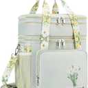 HSHRICH Insulated Lunch Bag for Women/Men, Dual Compartment Waterproof Reusable Large Lunch Box for Adlut Wide-Open Tote Cooler Bag For Working Picnic Hiking (16L, Green-Flowers)