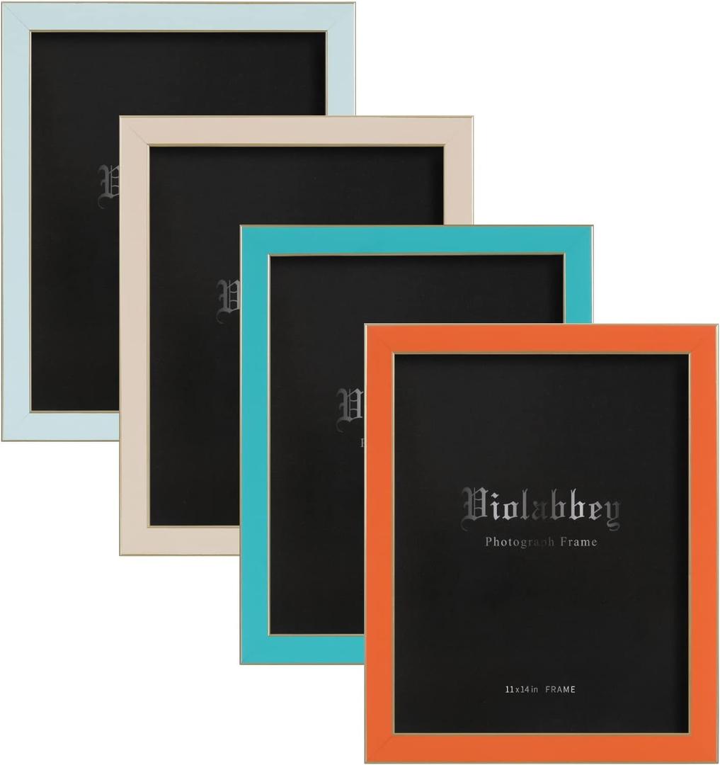 VIOLABBEY 11x14 Picture Frame Set of 4, Colorful Photo Frame of Modern Style, High Definition Tempered Real Glass, Wall mounted or Tabletop Display (Blue+light blue+orange+apricot)