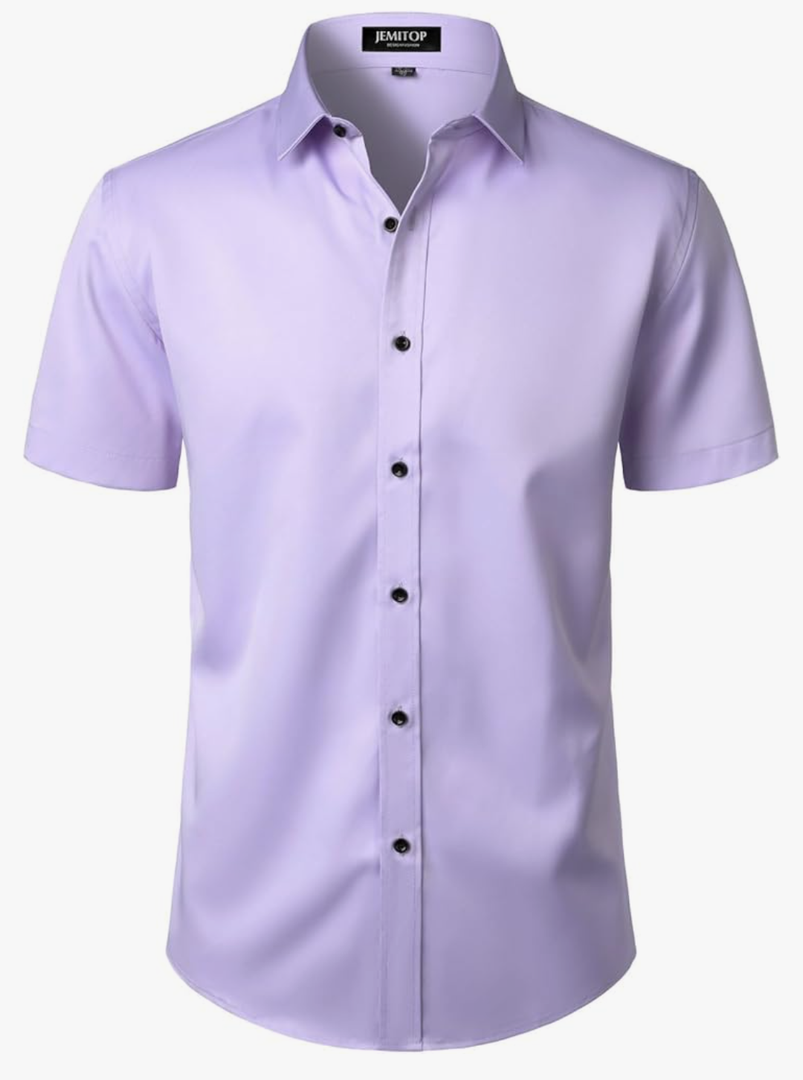 Men's Stretch Wrinkle Free Dress Shirts Formal Wedding Prom Short Sleeve Slim Fit Button Down Shirt purple 42