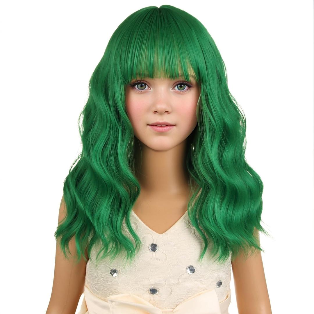 Kids Green Wig for Girls Green Child Wig with Bangs Short Wavy Wigs for Kids Shoulder Length Heat Resistant Synthetic Wigs