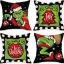 Fahrendom Merry Christmas Decorative Throw Pillow Covers 18 x 18 Set of 4, Xmas Pine Tree Ornament Joy Believe Porch Outdoor Pillowcase, Black Green Polka Dot Winter Holiday Cushion Case Home Decor
