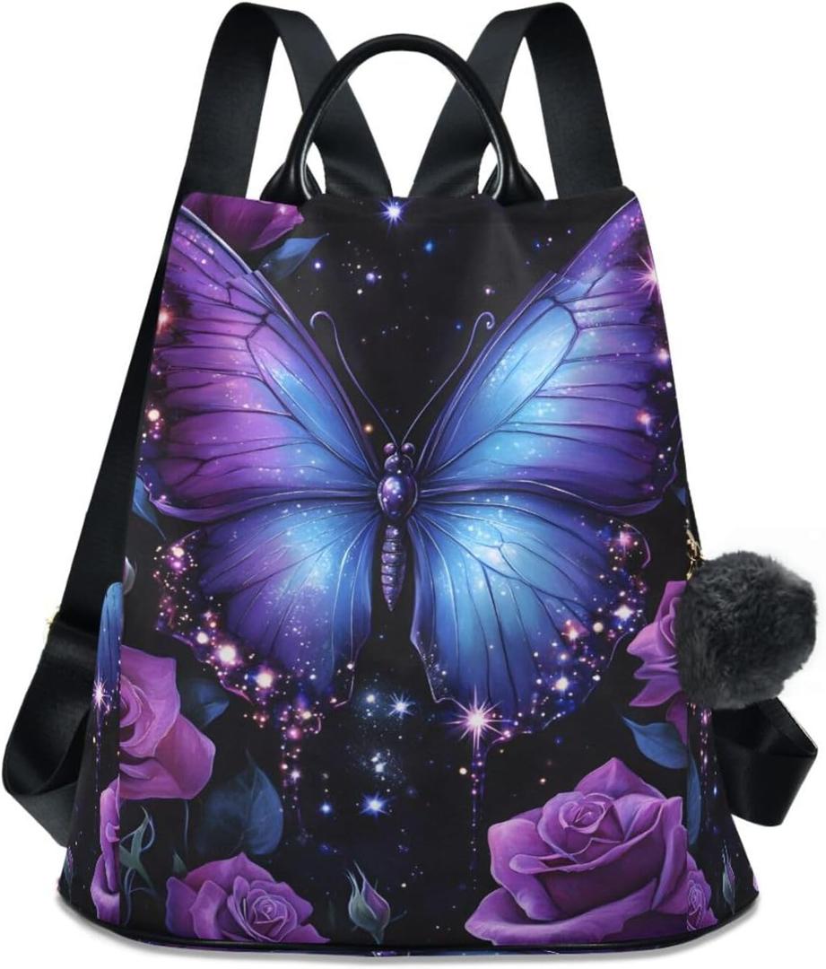 MNSRUU Backpack Womens, Anti-Theft Womens Backpack Travel Handbags Shoulder Bag Butterfly Rose Carry On Ladies Rucksack Fashion Casual Daypack, Hairball Pendant