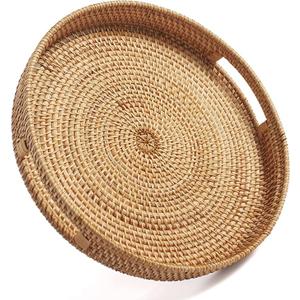 Coffee Table Tray Round Rattan Ottoman Tray Woven Serving Trays with Handles for Home and Kitchen Decorative Natural (Large 16.9 inch)