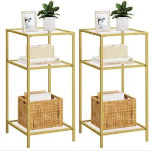 Homhedy 3-Tier Side Tables Set of 2, End Tables with Tempered Glass, Nightstands with Storage Shelves, Slim Sofa Tables for Living Room, Bedroom (2, Golden)