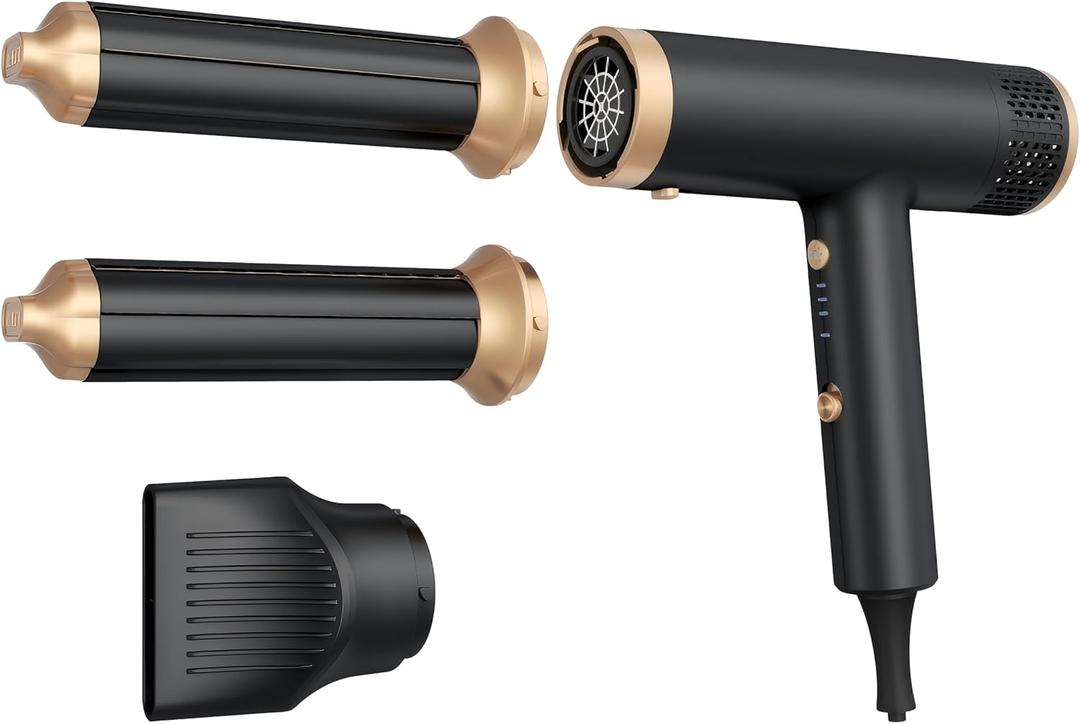 Hair Dryer 3 in 1 Hot Air Styler, 2000 W Ionic Blow Dryer, Lightweight Compact Hairdryer for Travel, Long Barrel Airflow Auto Wrap Curler for Quick Styling, Fast Drying, Coolshot (Black)