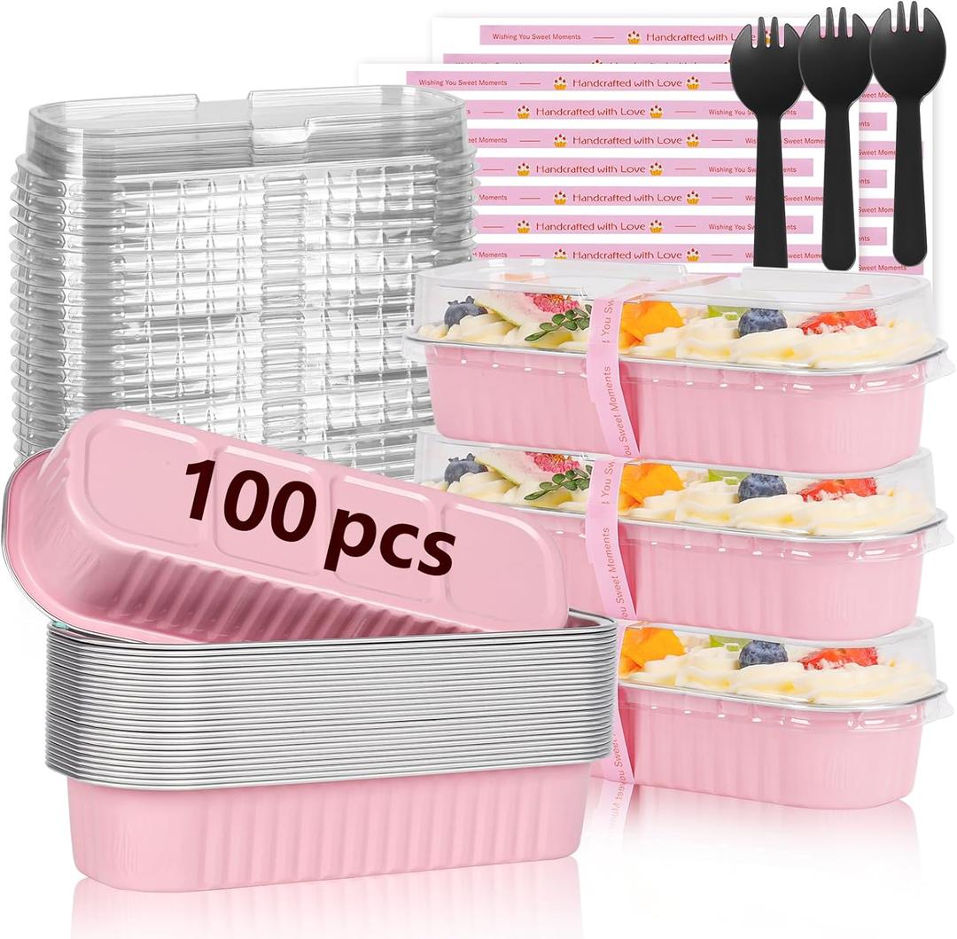 100 Pack Mini Loaf Pans with Lids and Spoons Sealing Sticker, 6.8oz Mini Cake Pans for Baking, Disposable Aluminum Foil Loaf Pans, Pink Loaf Baking Pans, Small Cake Containers With Lids